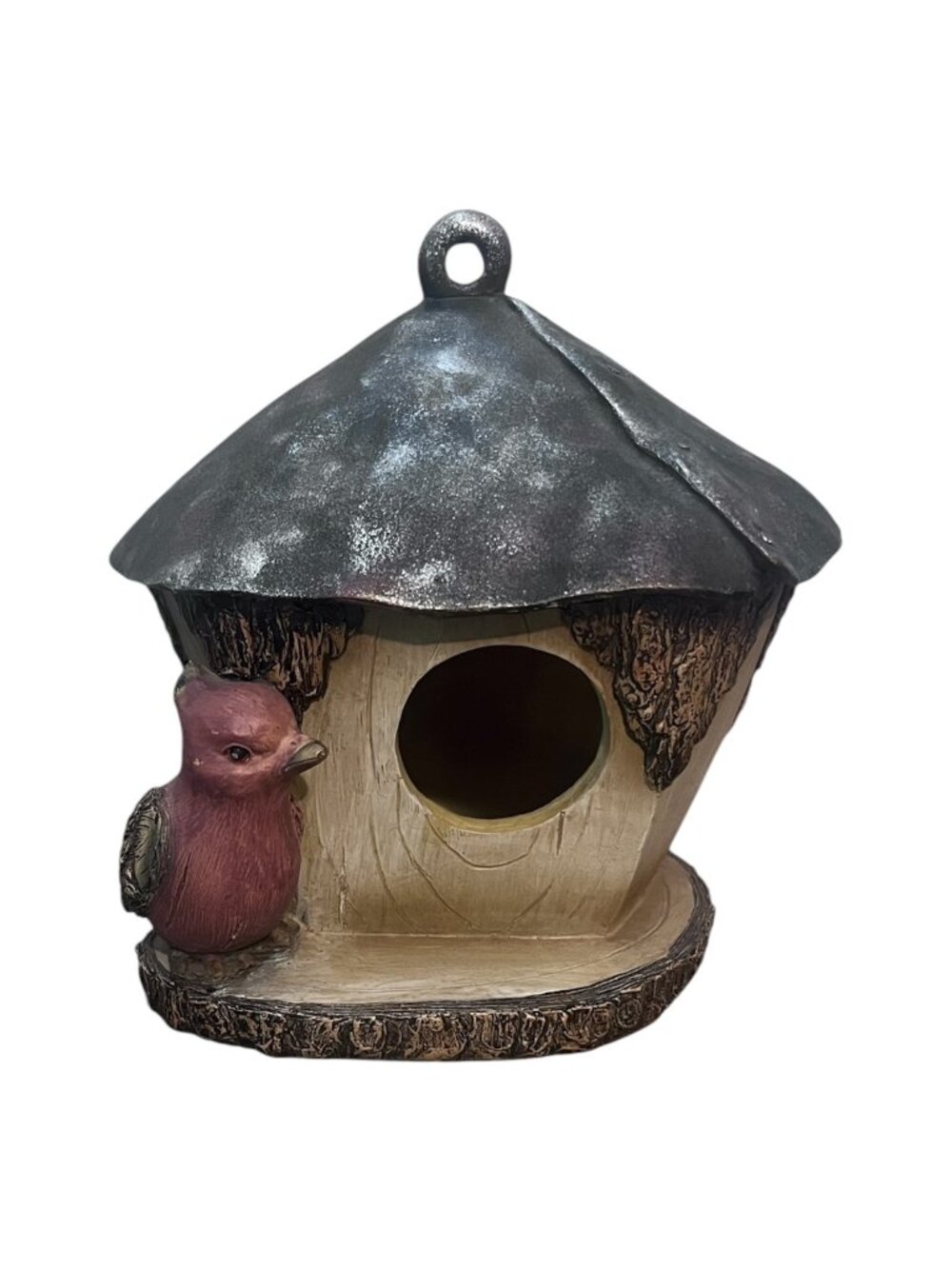 Resin Birdhouse with Pink Bird Hanging Outdoor Garden Cottage Decor